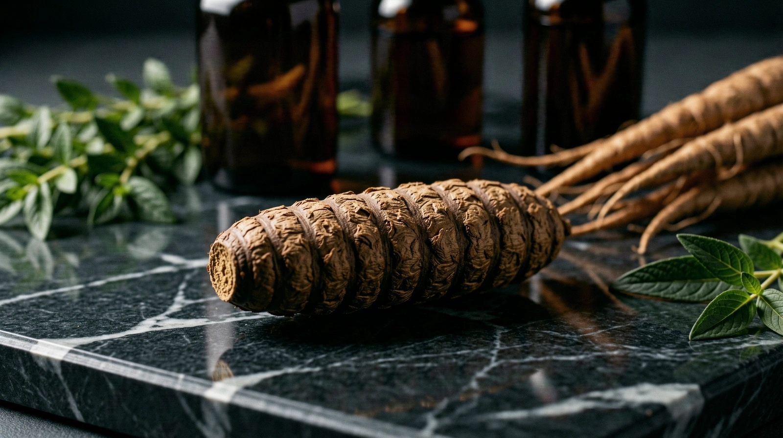Naturalny korzeń ashwagandhy na ciemnym marmurze