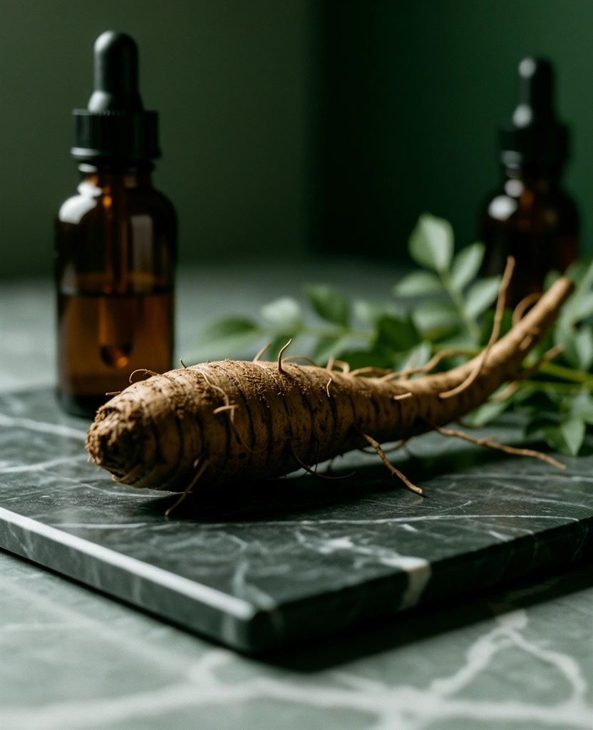 Naturalne korzenie adaptogenów na marmurowym blacie